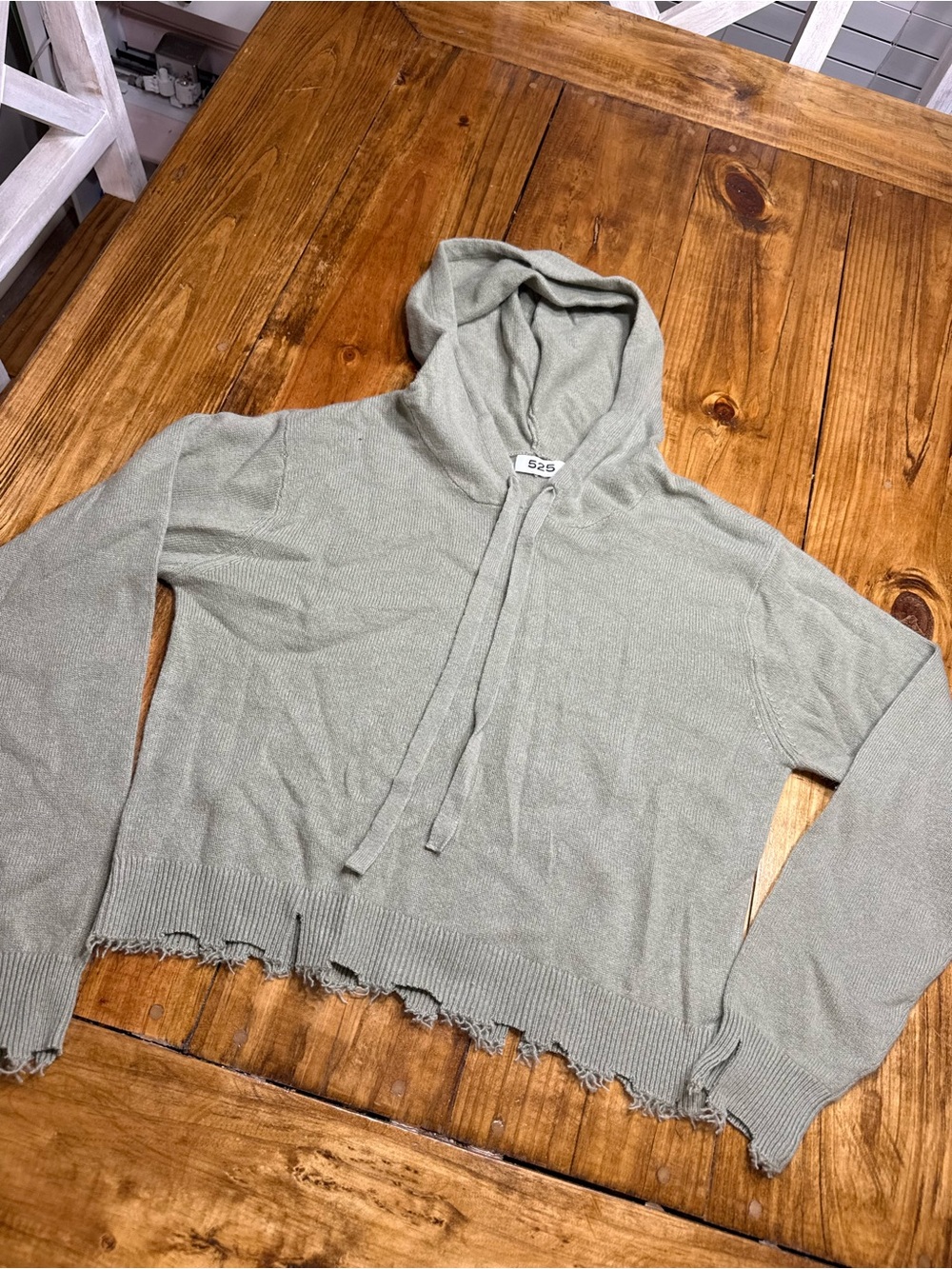 525 America Sage Green Distressed Hooded Pullover 100% Cashmere